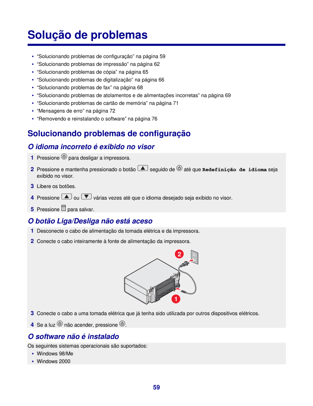 Lexmark 3400 manual Solução de problemas, Solucionando problemas de configuração, Idioma incorreto é exibido no visor 