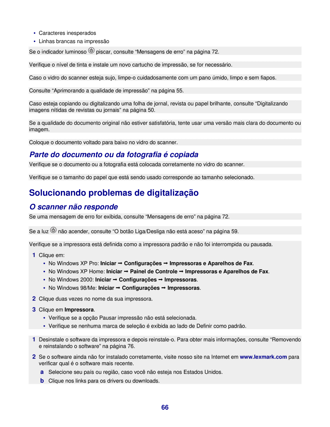 Lexmark 3400 Solucionando problemas de digitalização, Parte do documento ou da fotografia é copiada, Scanner não responde 