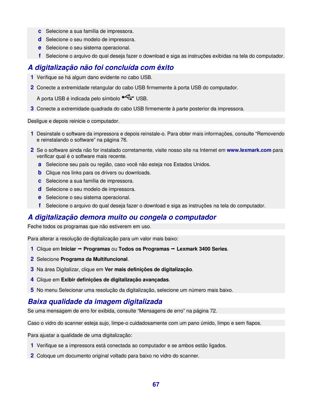 Lexmark 3400 manual Digitalização não foi concluída com êxito, Digitalização demora muito ou congela o computador 