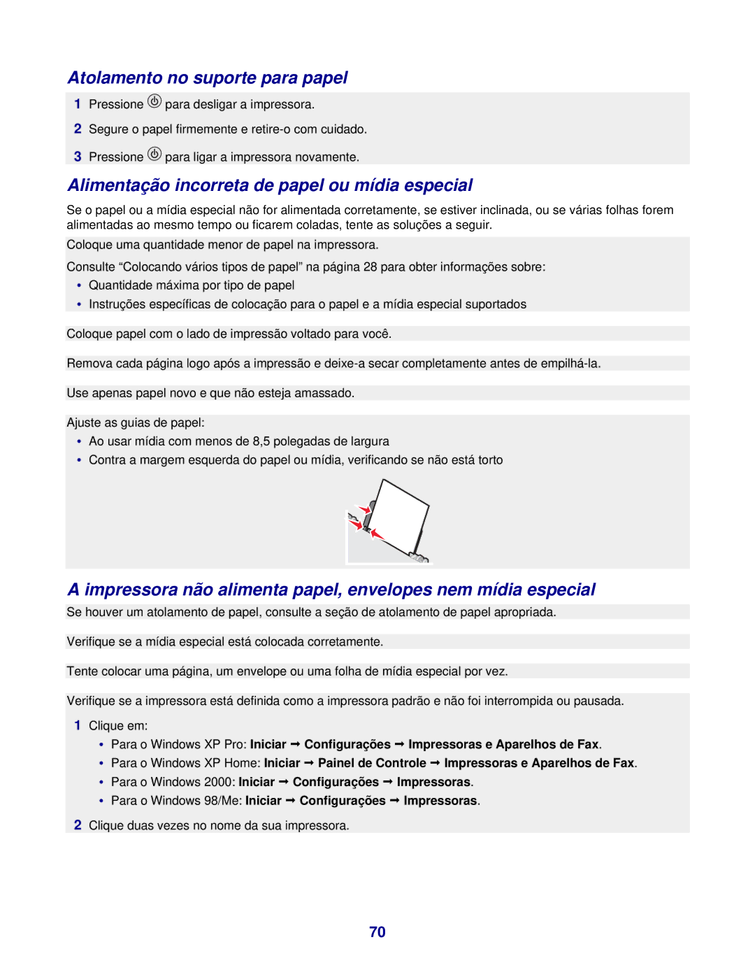 Lexmark 3400 manual Atolamento no suporte para papel, Alimentação incorreta de papel ou mídia especial 