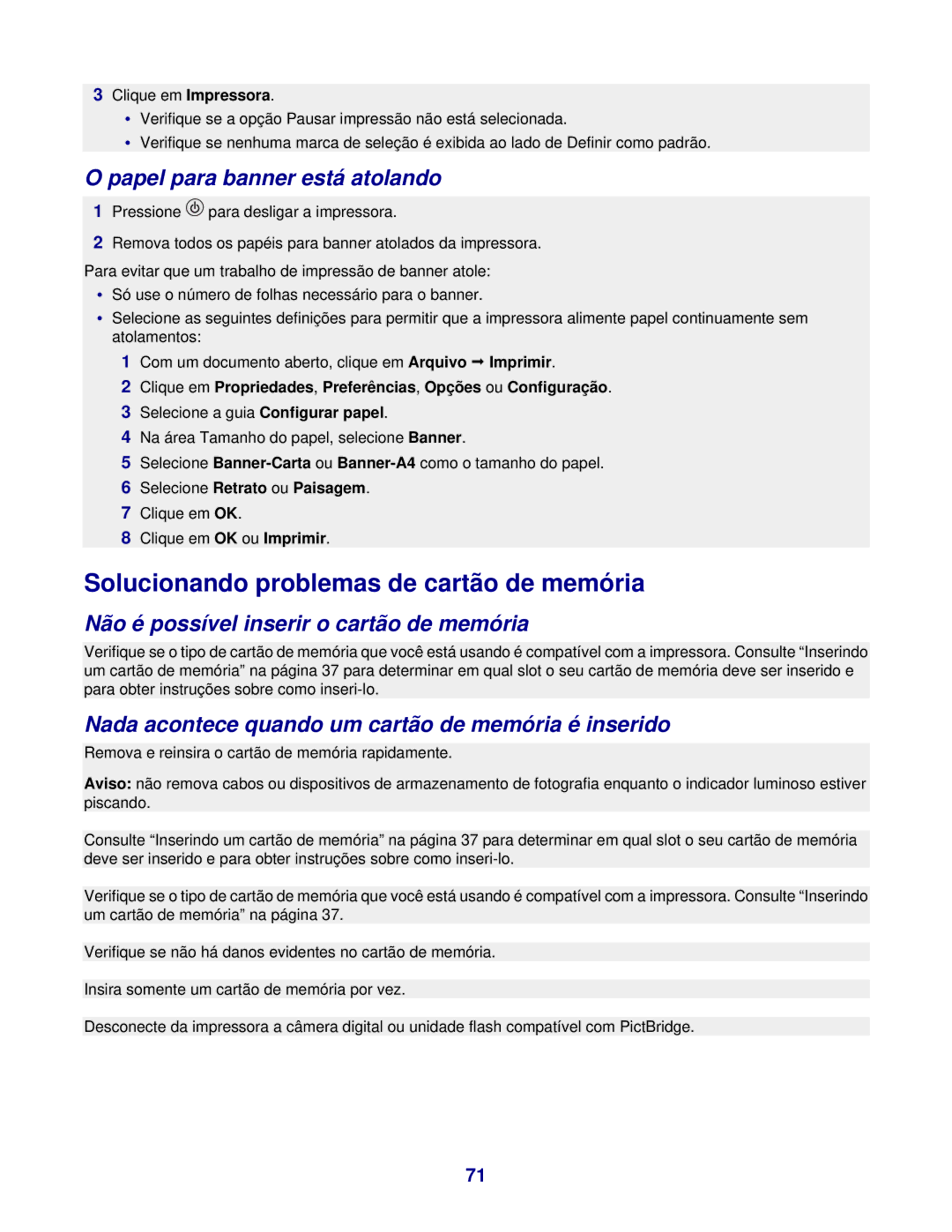 Lexmark 3400 Solucionando problemas de cartão de memória, Papel para banner está atolando, Selecione Retrato ou Paisagem 