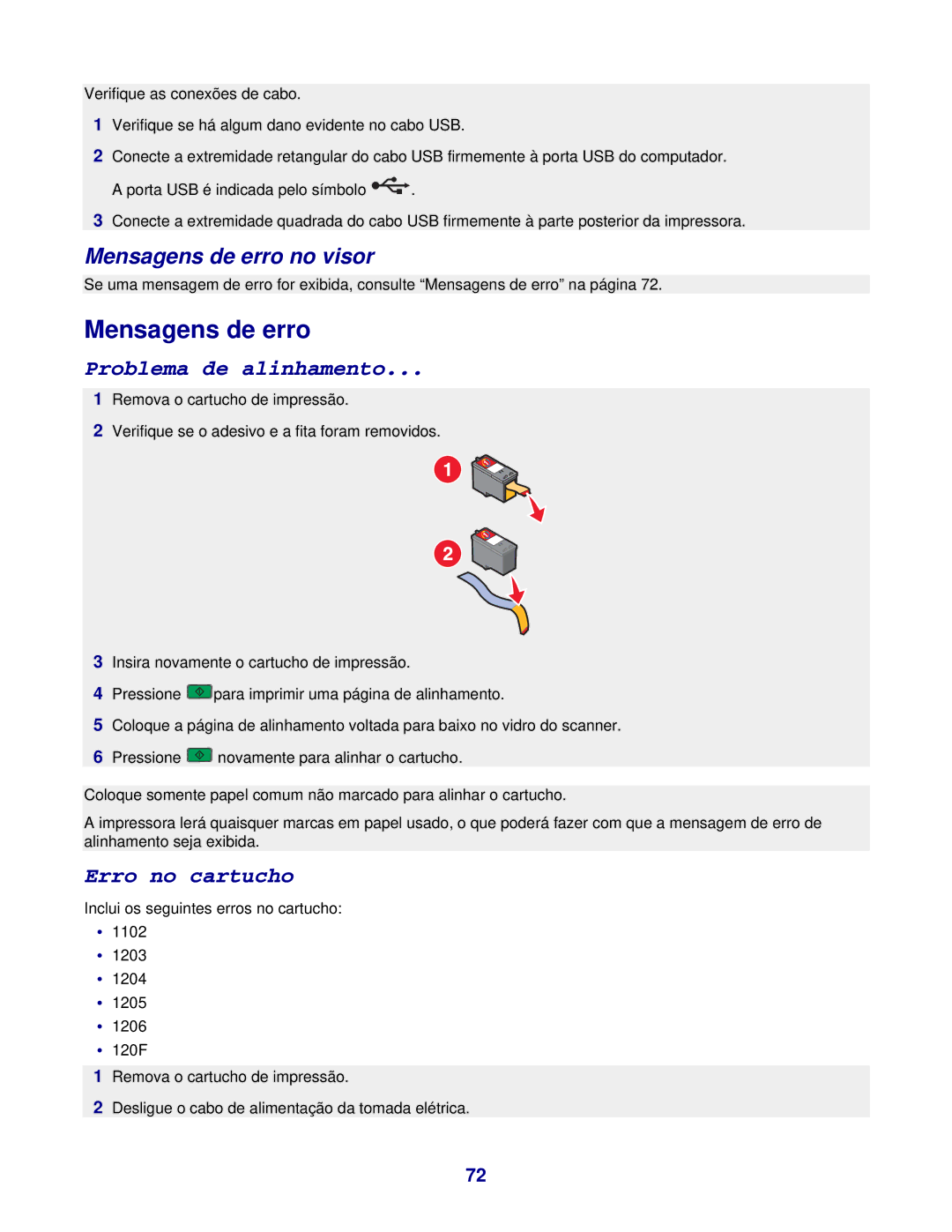 Lexmark 3400 manual Mensagens de erro no visor 