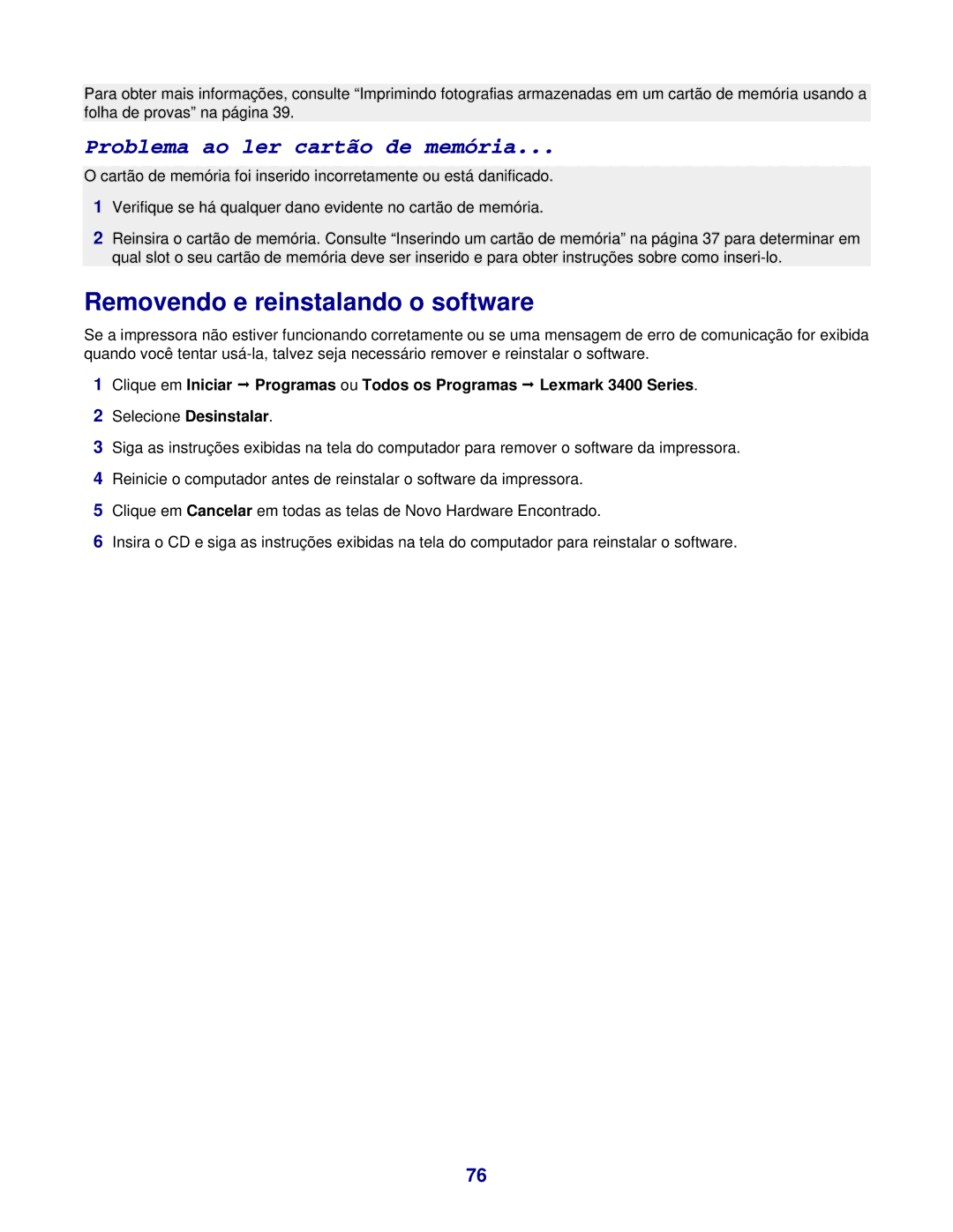 Lexmark 3400 manual Removendo e reinstalando o software, Problema ao ler cartão de memória 