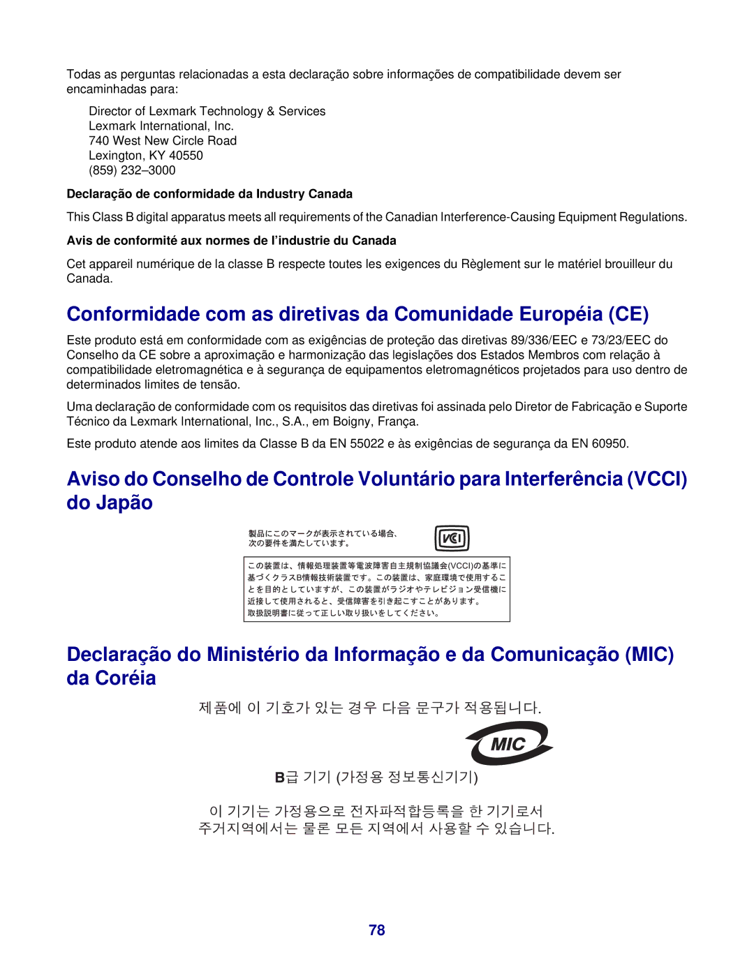 Lexmark 3400 manual Conformidade com as diretivas da Comunidade Européia CE, Declaração de conformidade da Industry Canada 