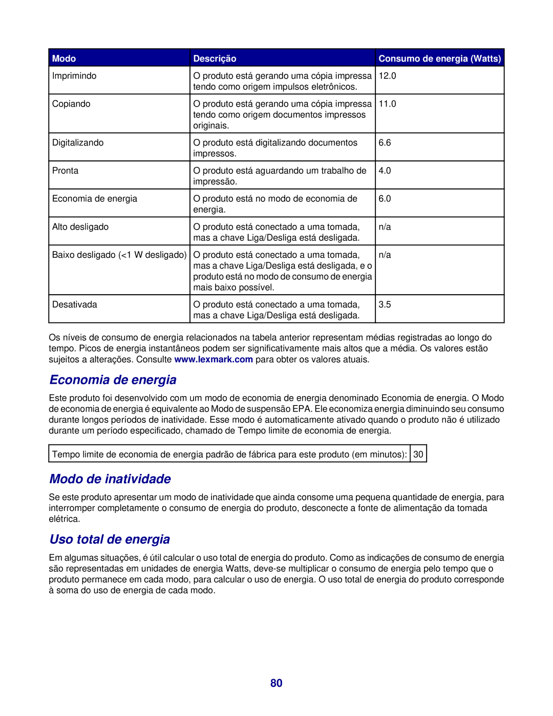 Lexmark 3400 manual Economia de energia, Modo de inatividade, Uso total de energia, Modo Descrição Consumo de energia Watts 