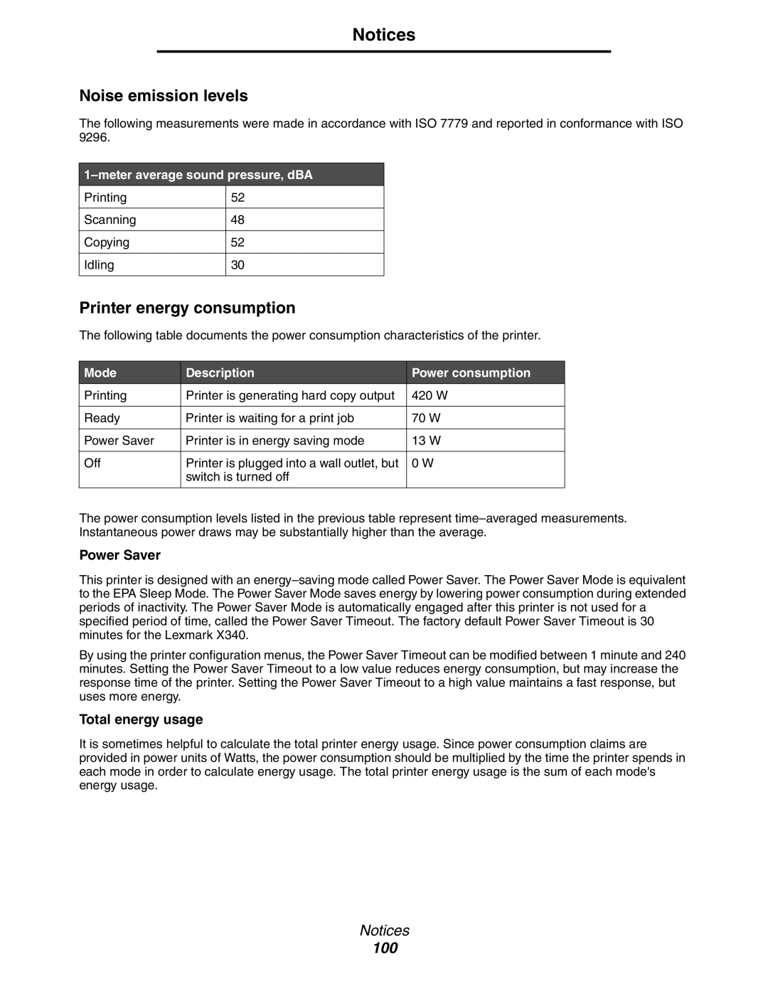 Lexmark X340, 340n, X342n manual Noise emission levels, Printer energy consumption, Meter average sound pressure, dBA 