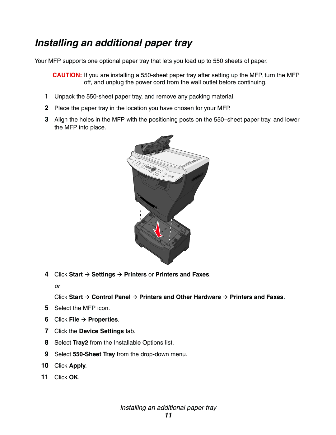 Lexmark X342n, 340n, X340 manual Installing an additional paper tray 