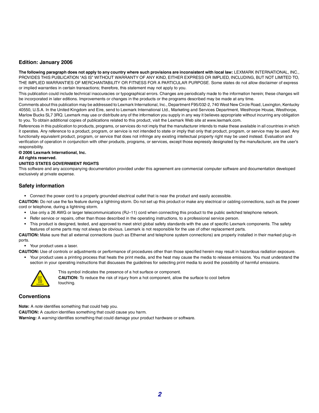 Lexmark X342n, 340n, X340 manual Edition January, Safety information, Conventions 