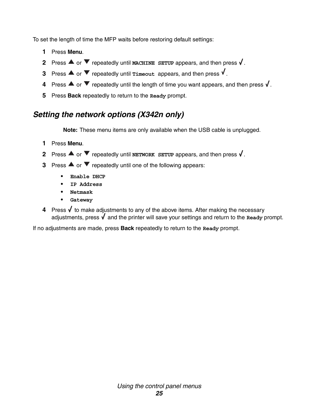 Lexmark X340, 340n manual Setting the network options X342n only, Enable Dhcp IP Address Netmask Gateway 