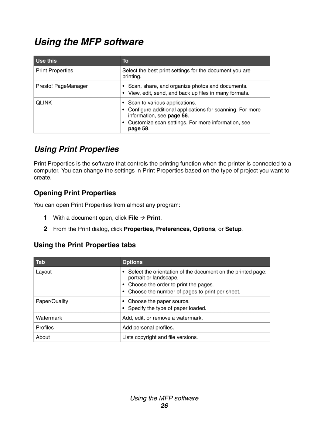 Lexmark X342n Using the MFP software, Using Print Properties, Opening Print Properties, Using the Print Properties tabs 