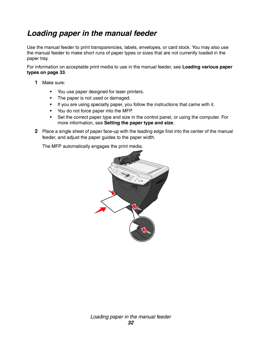 Lexmark X342n, 340n, X340 Loading paper in the manual feeder 