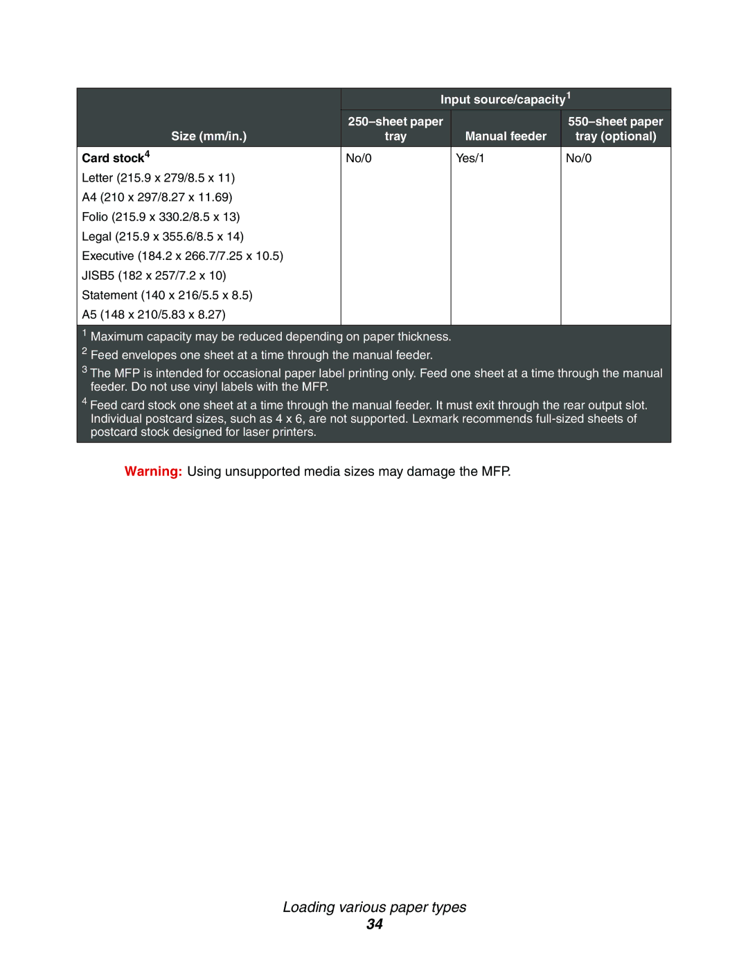 Lexmark X340, 340n, X342n manual Sheet paper Size mm/in Tray, Card stock4 