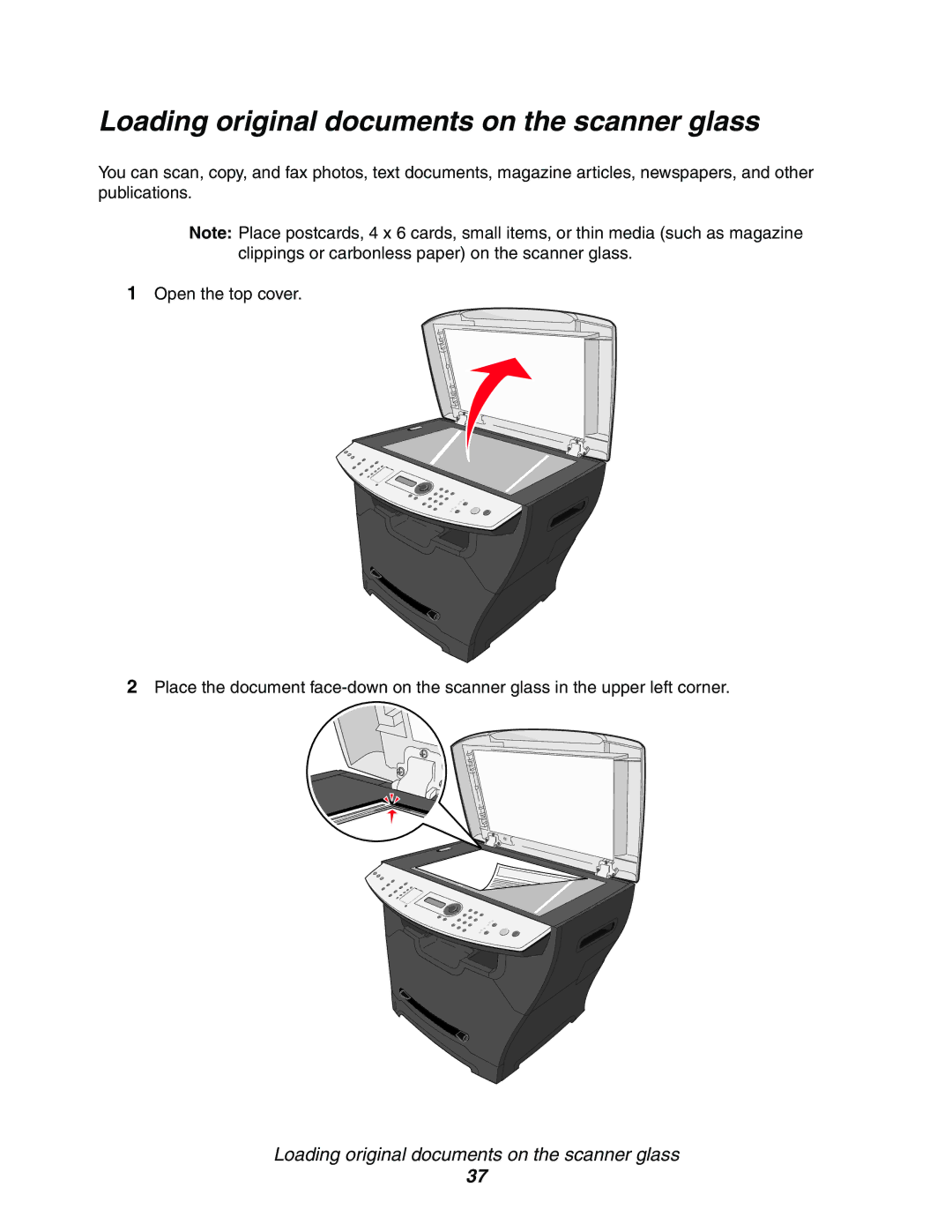 Lexmark X340, 340n, X342n manual Loading original documents on the scanner glass 