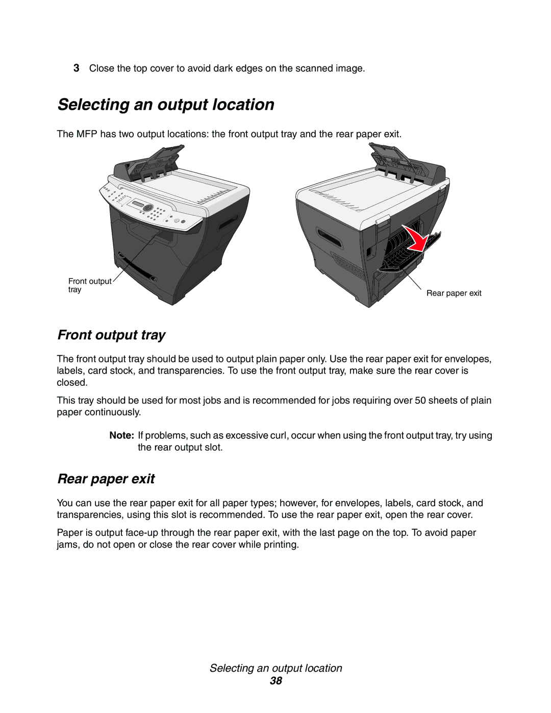 Lexmark X342n, 340n, X340 manual Selecting an output location, Front output tray, Rear paper exit 