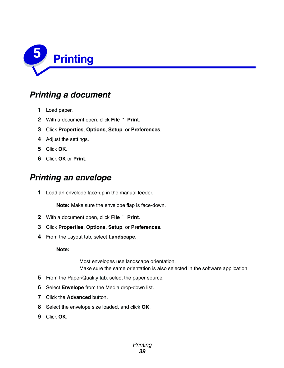 Lexmark 340n, X340, X342n manual Printing a document, Printing an envelope 