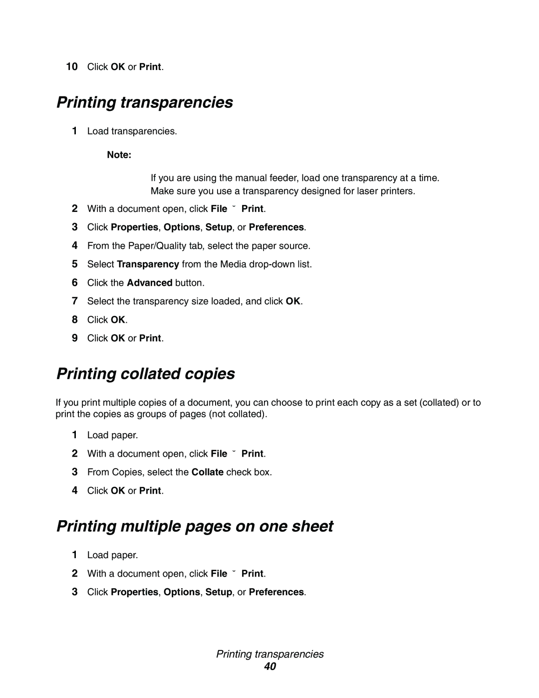 Lexmark X340, 340n, X342n manual Printing transparencies, Printing collated copies, Printing multiple pages on one sheet 