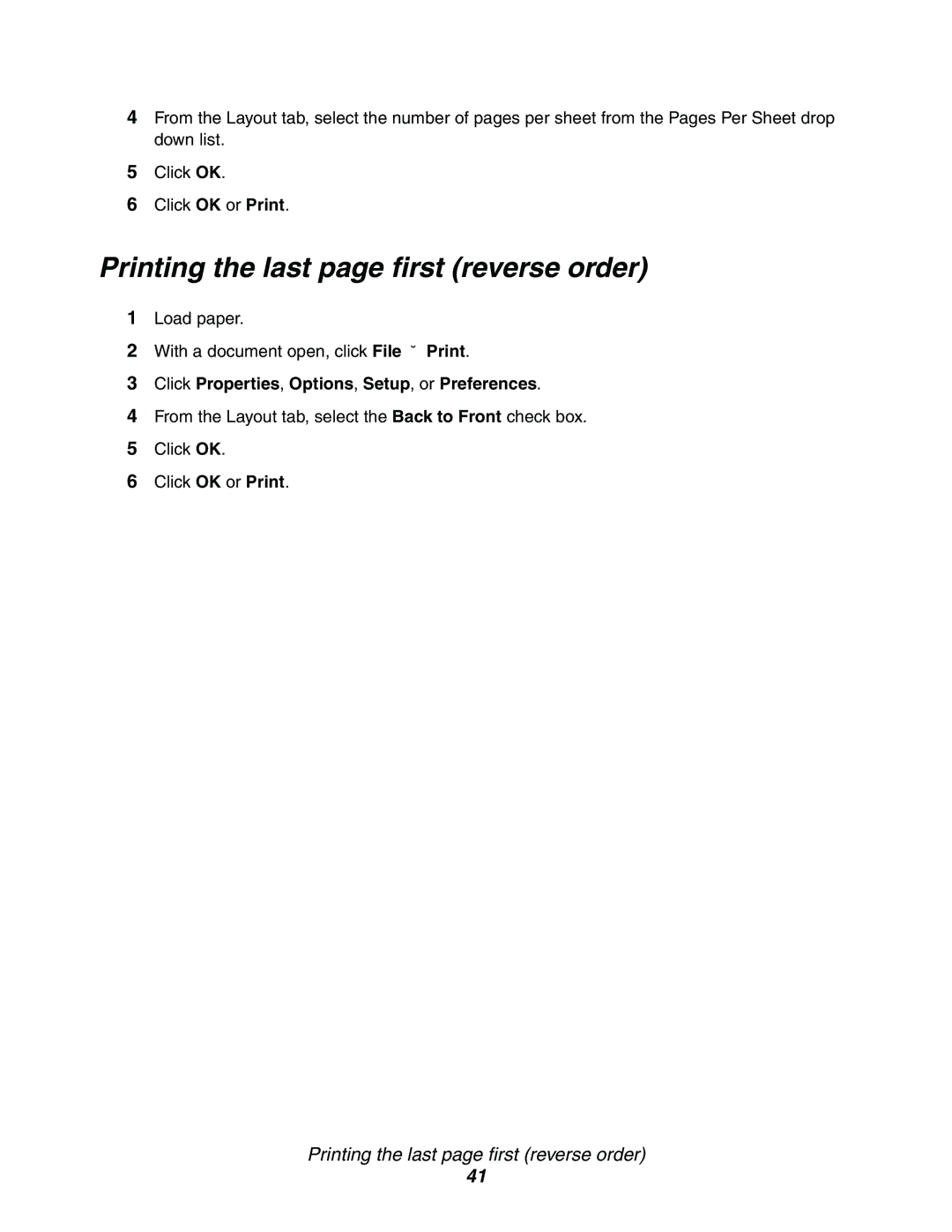 Lexmark X342n, 340n, X340 manual Printing the last page first reverse order 