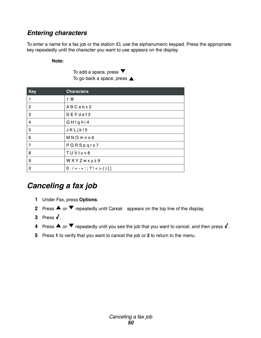 Lexmark X342n, 340n, X340 manual Canceling a fax job, Entering characters, Key Characters 