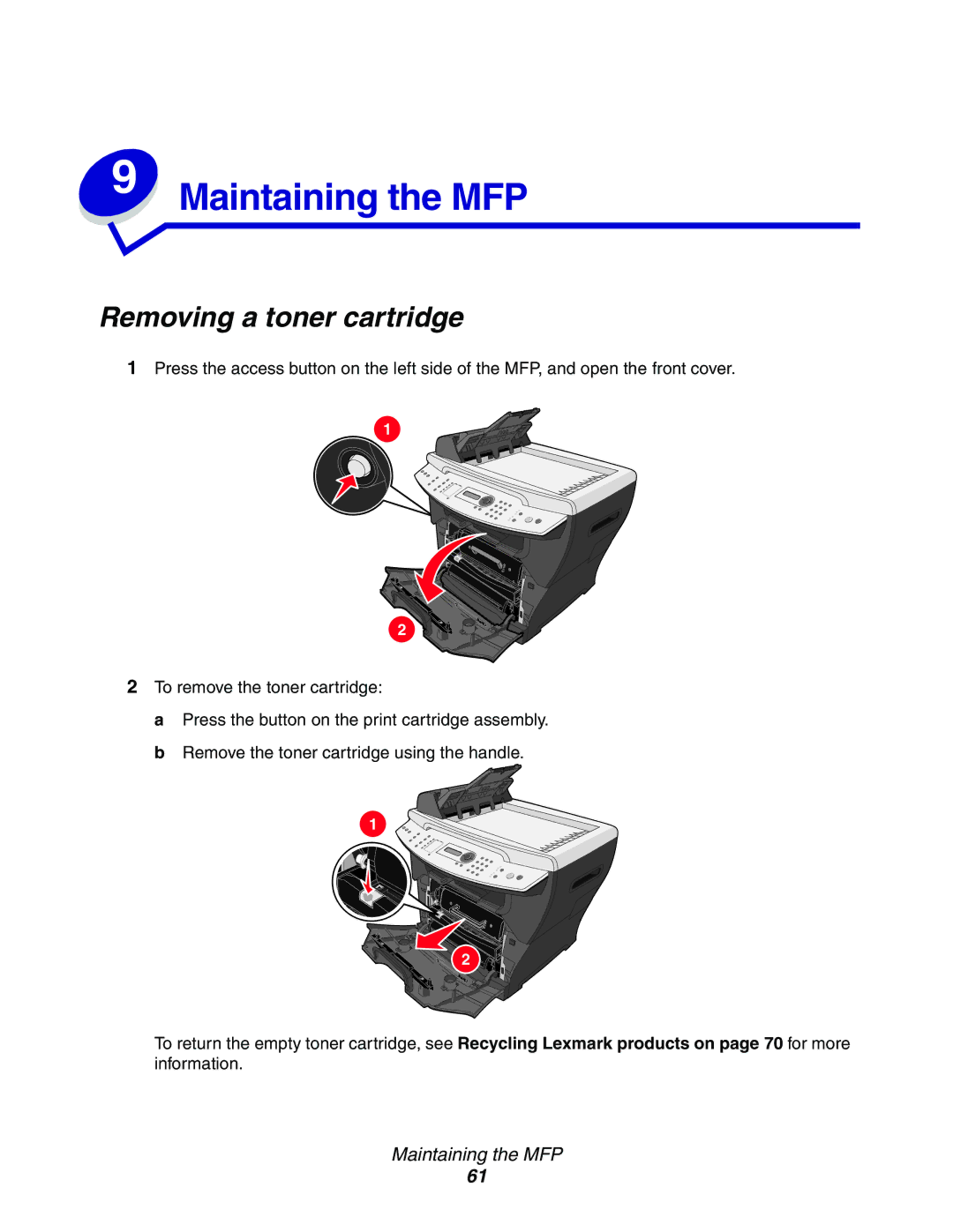 Lexmark X340, 340n, X342n manual Maintaining the MFP, Removing a toner cartridge 