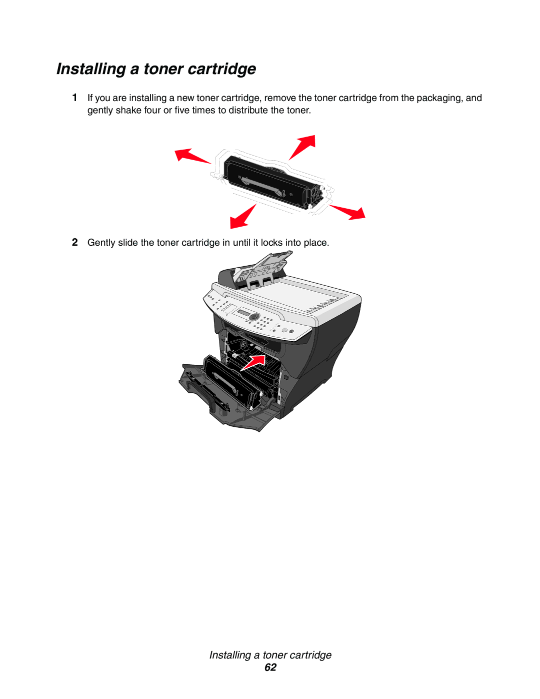 Lexmark X342n, 340n, X340 manual Installing a toner cartridge 