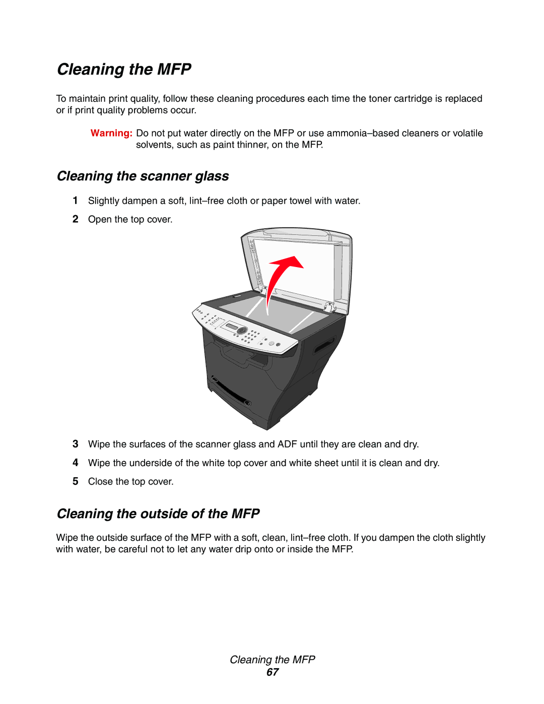 Lexmark X340, 340n, X342n manual Cleaning the MFP, Cleaning the scanner glass, Cleaning the outside of the MFP 