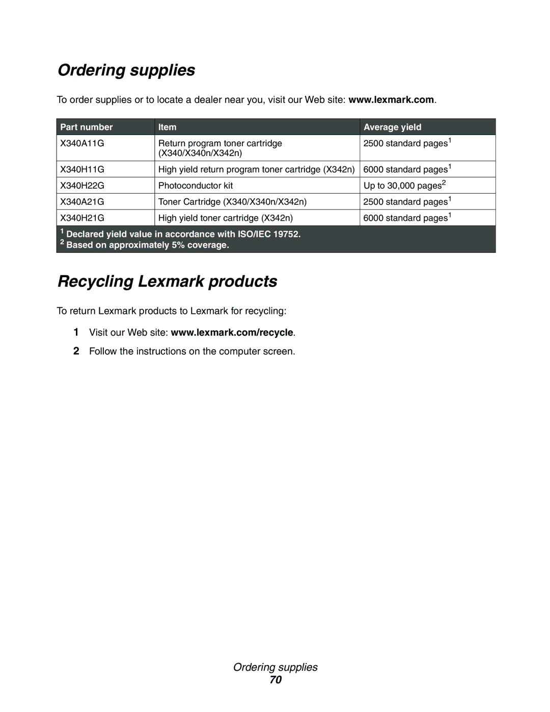 Lexmark X340, 340n, X342n manual Ordering supplies, Recycling Lexmark products, Part number Average yield 