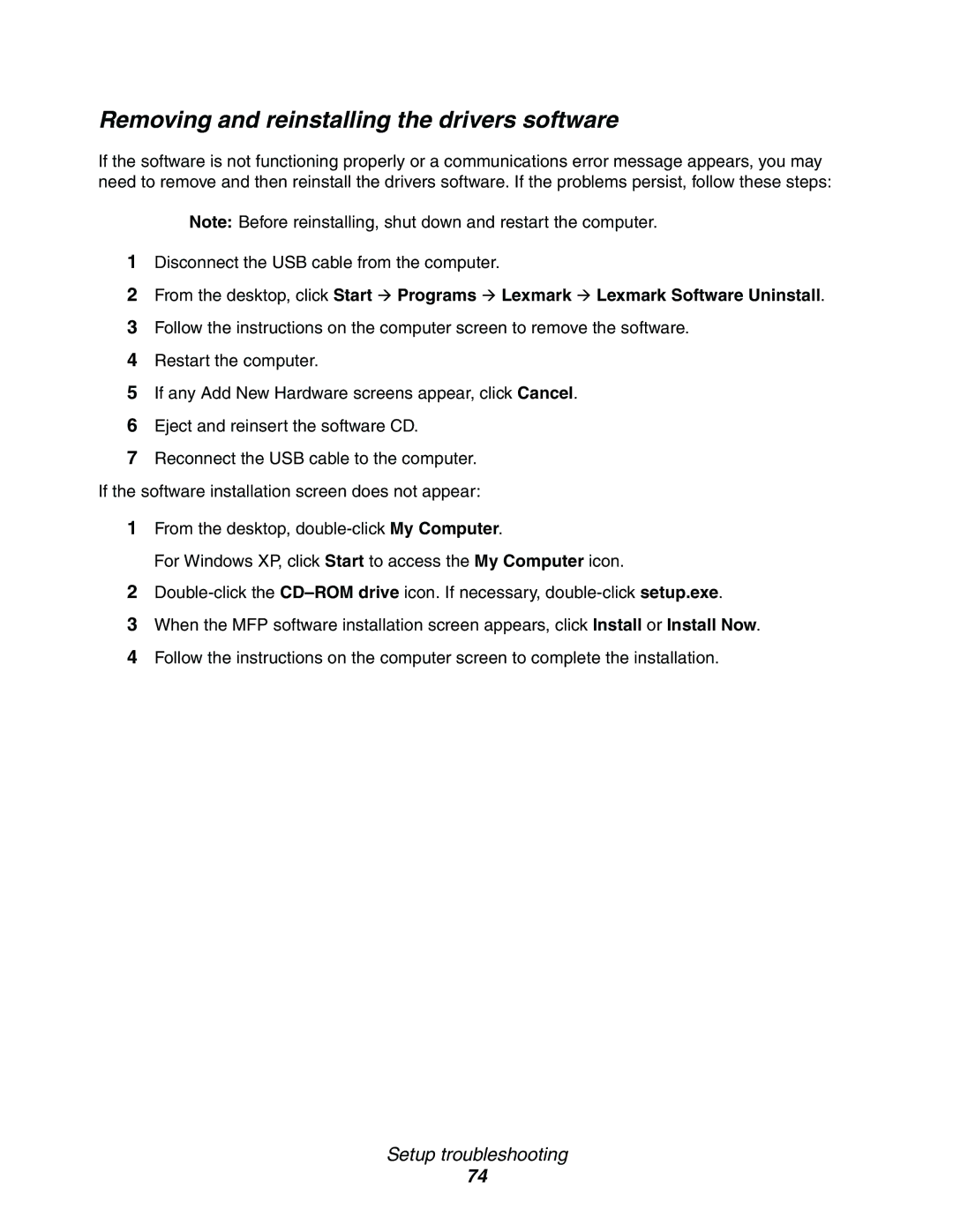 Lexmark X342n, 340n, X340 manual Removing and reinstalling the drivers software 