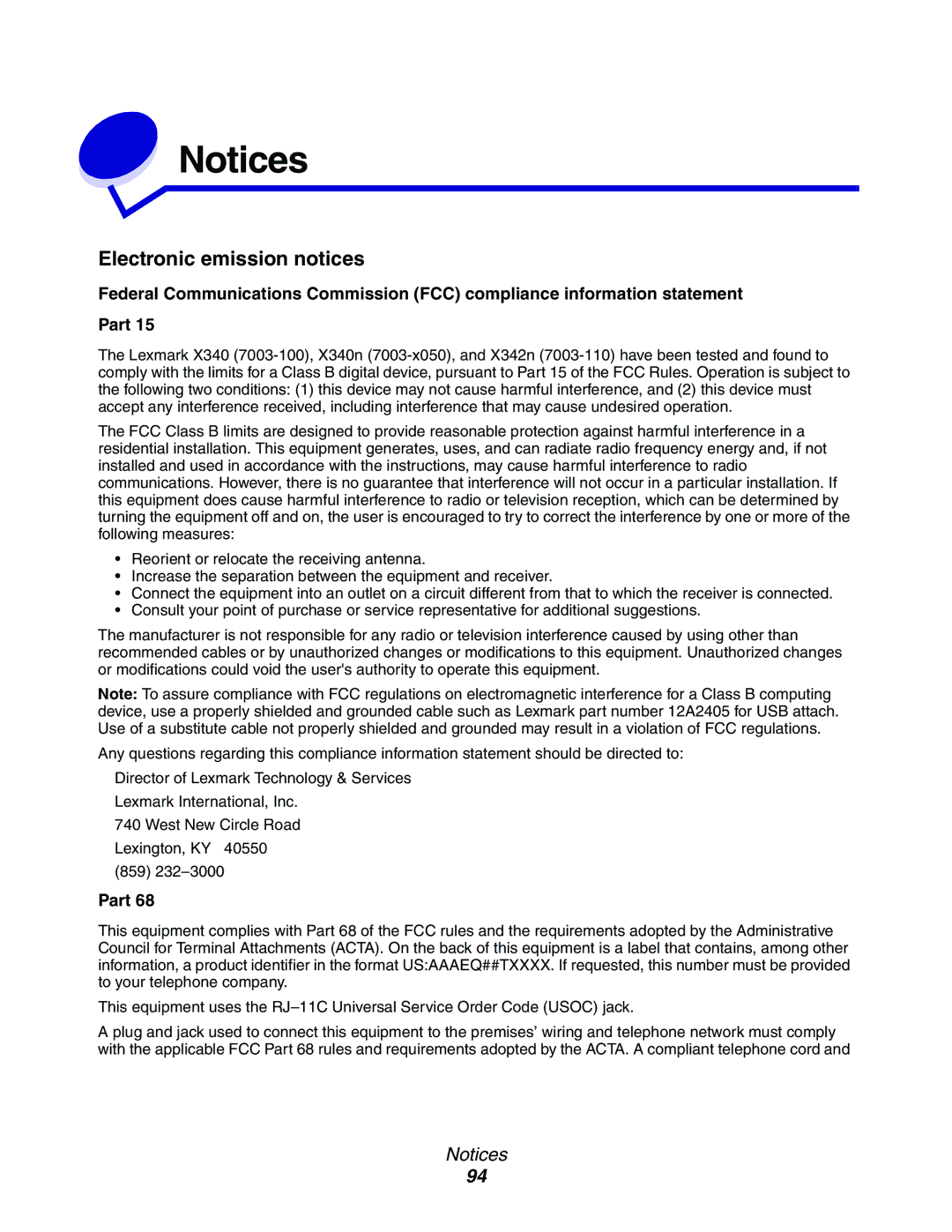 Lexmark X340, 340n, X342n manual Electronic emission notices 