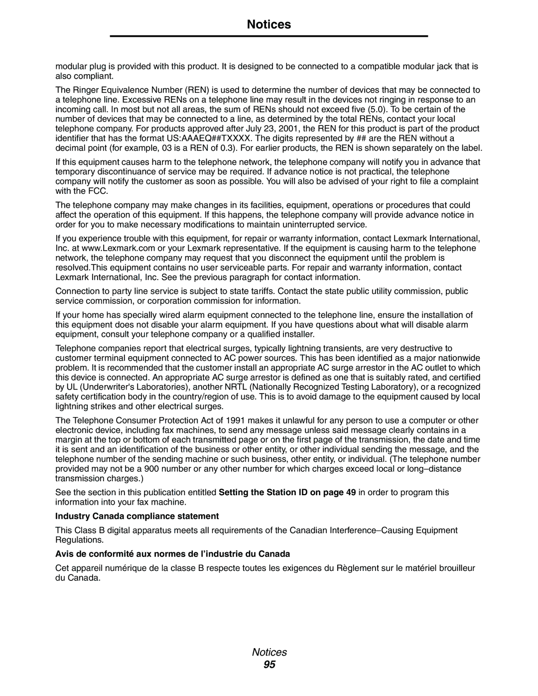 Lexmark X342n, 340n, X340 manual Industry Canada compliance statement, Avis de conformité aux normes de l’industrie du Canada 