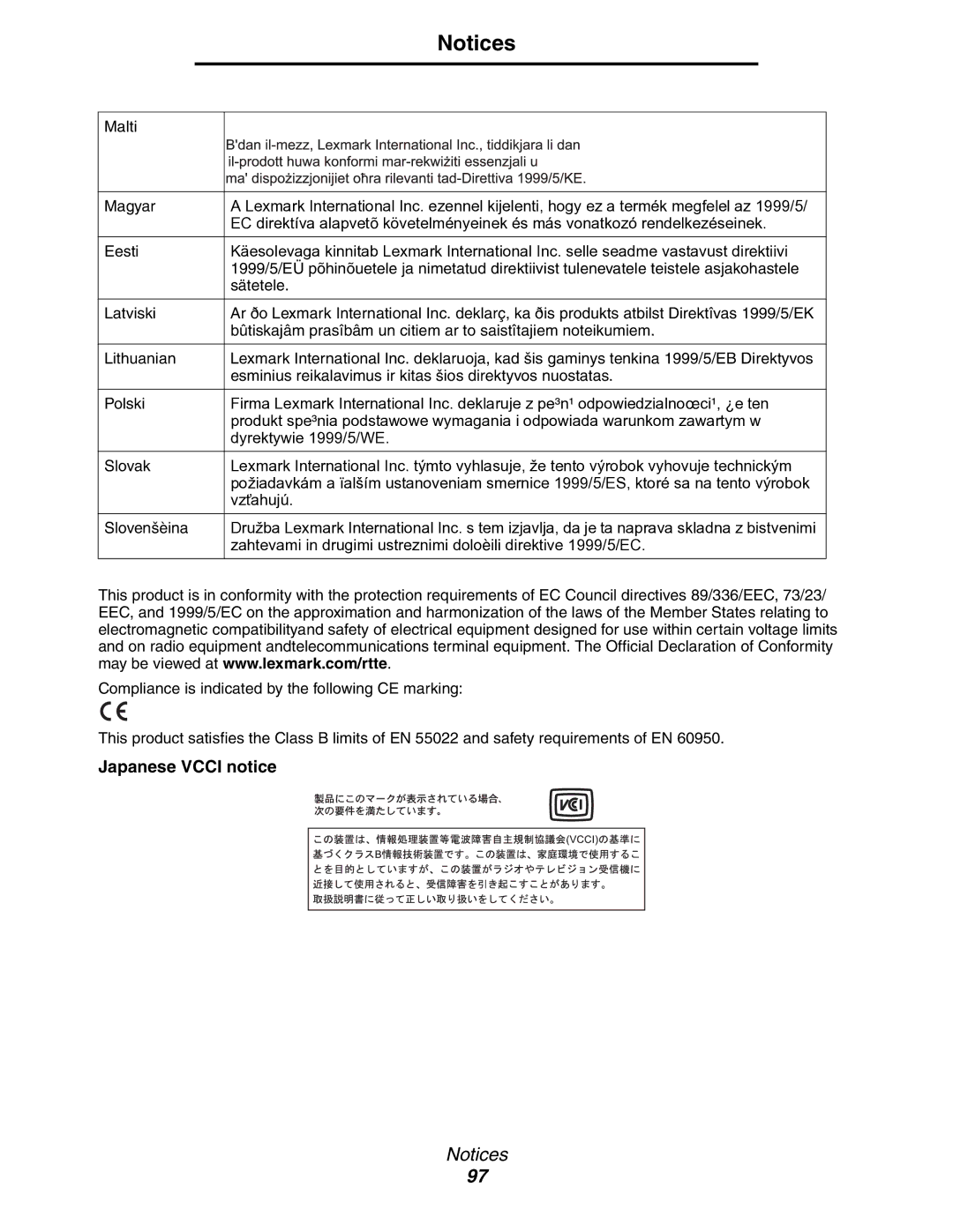 Lexmark X340, 340n, X342n manual Japanese Vcci notice 