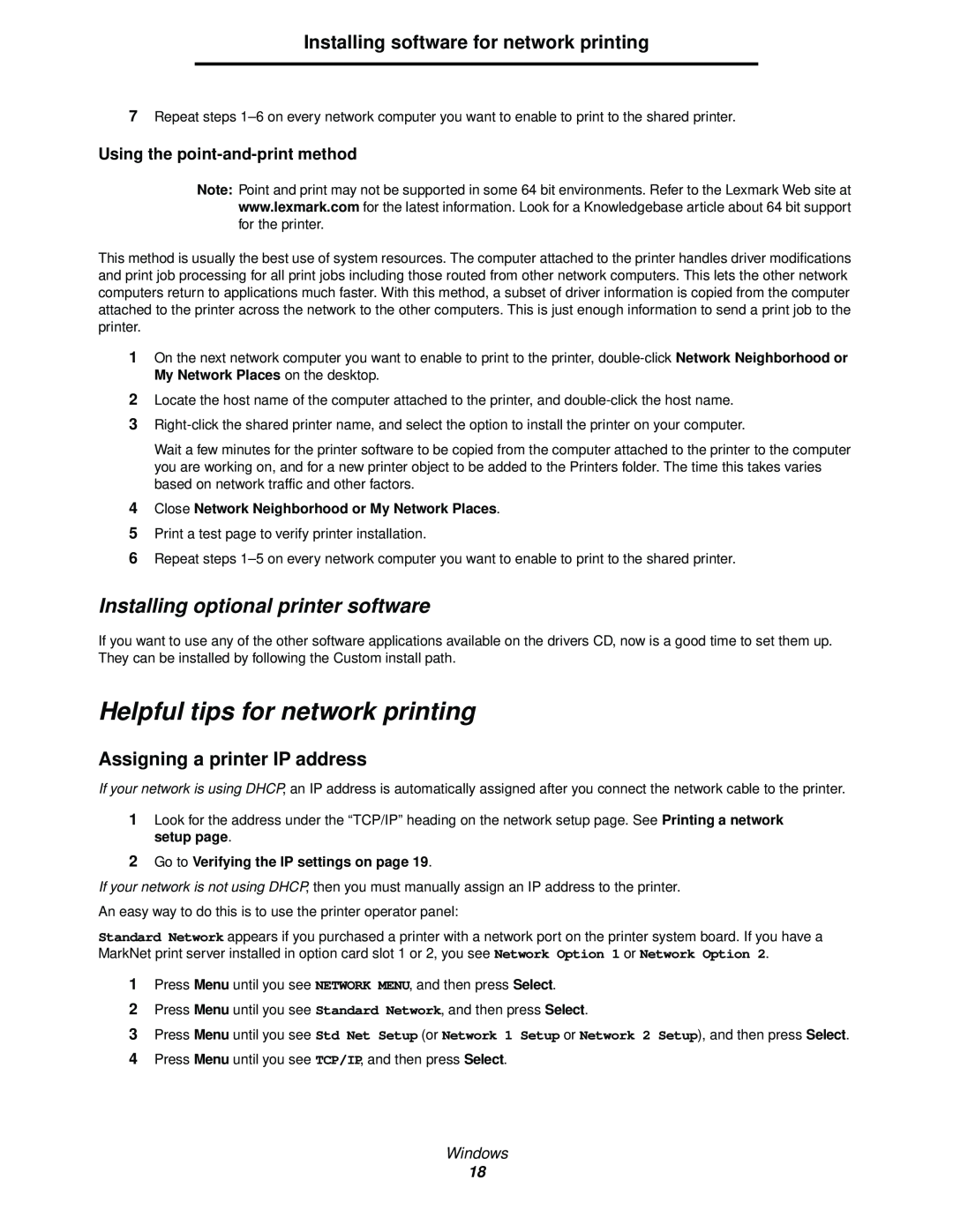 Lexmark 342n, 340 Helpful tips for network printing, Assigning a printer IP address, Installing optional printer software 