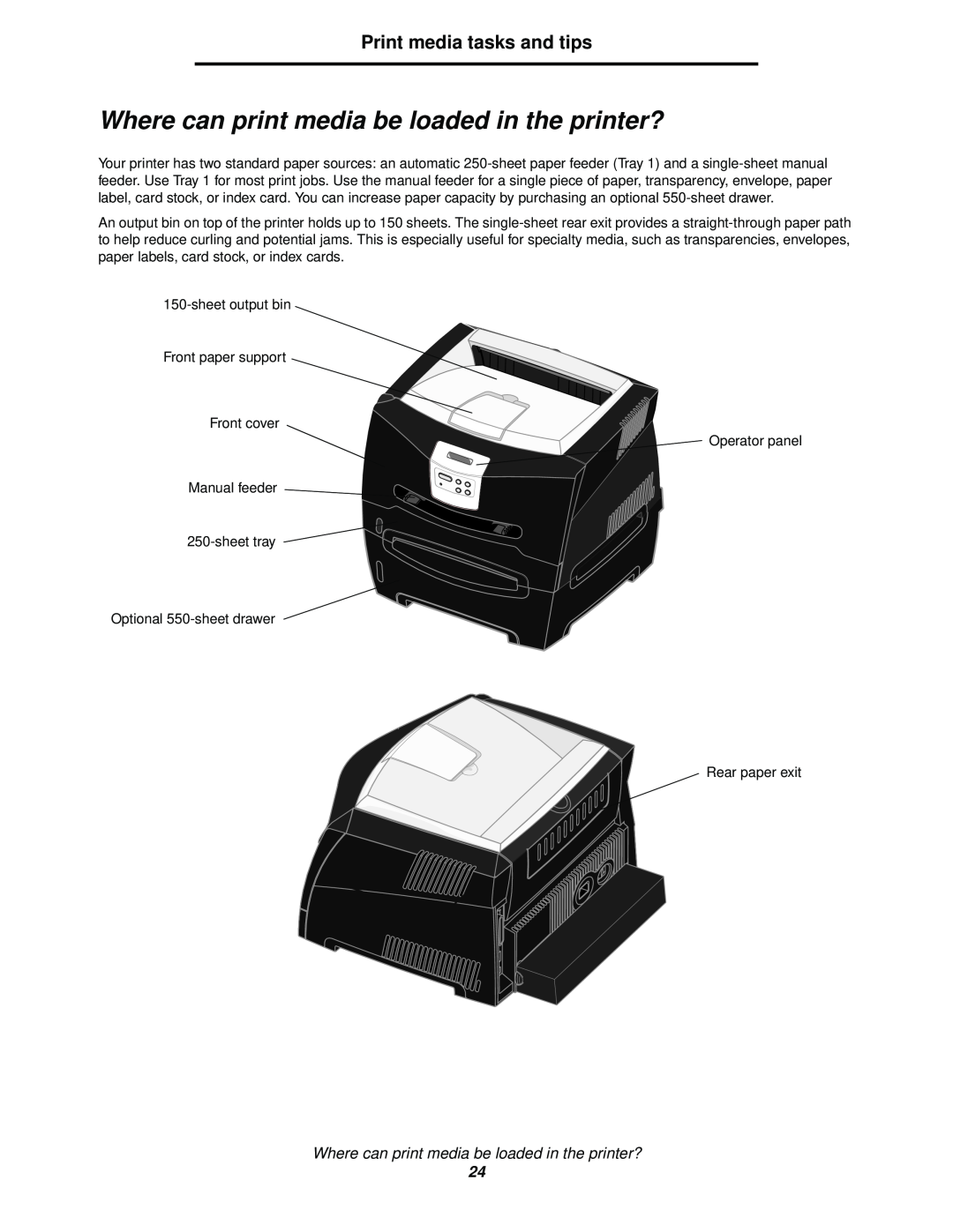 Lexmark 342n, 340 manual Where can print media be loaded in the printer?, Print media tasks and tips 