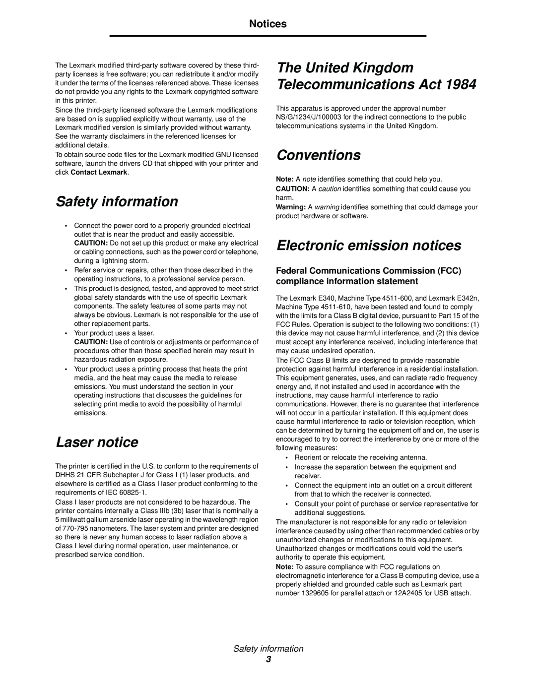 Lexmark 340, 342n manual The United Kingdom Telecommunications Act, Conventions, Safety information, Laser notice, Notices 