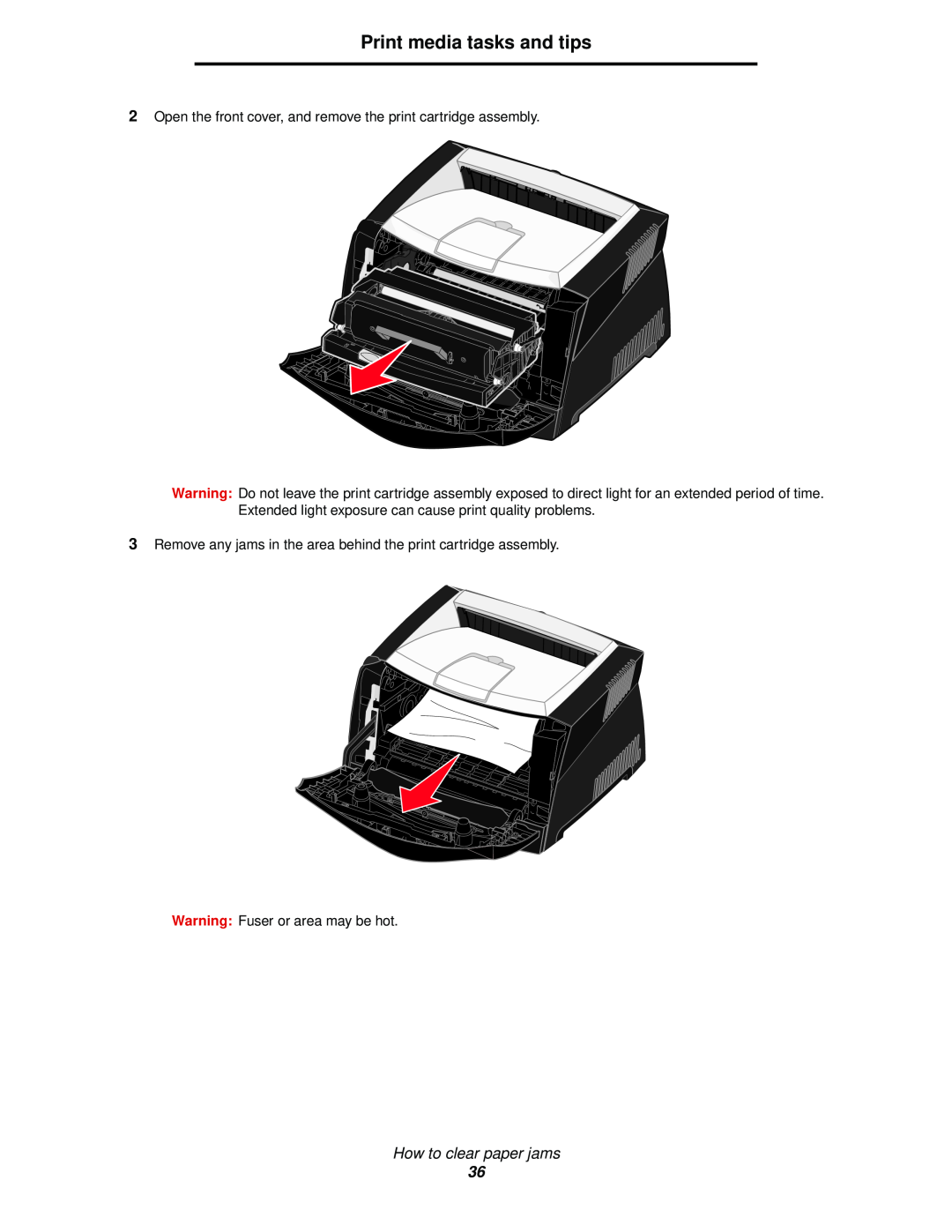 Lexmark 342n, 340 manual Print media tasks and tips, How to clear paper jams, Warning Fuser or area may be hot 