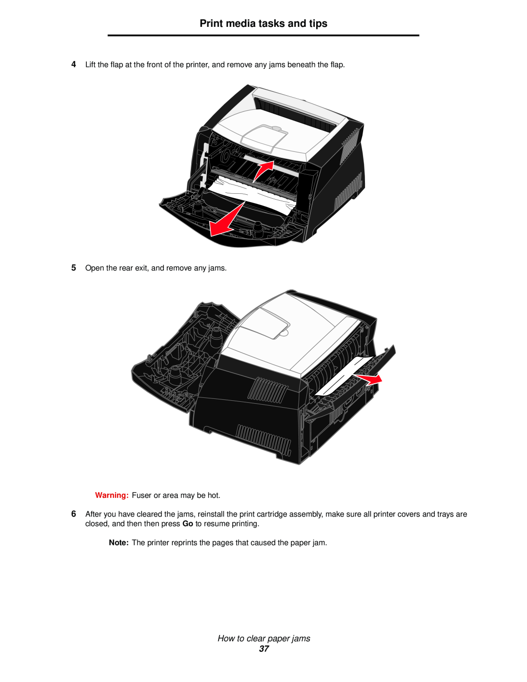 Lexmark 340, 342n manual Print media tasks and tips, How to clear paper jams 
