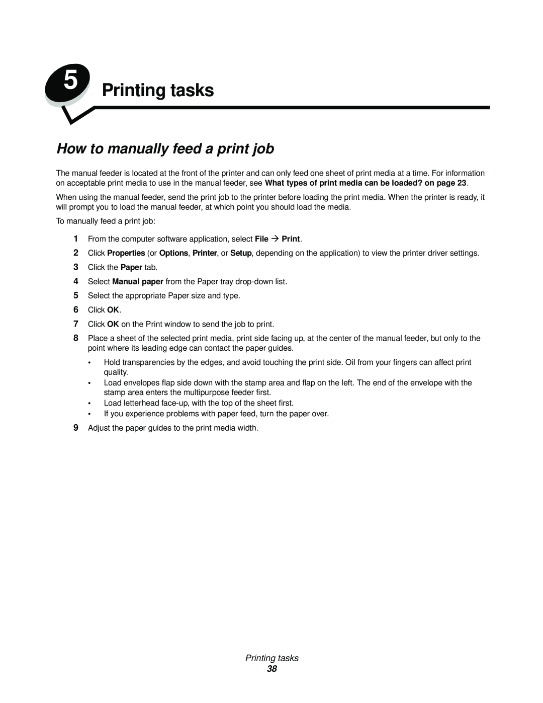 Lexmark 342n, 340 Printing tasks, How to manually feed a print job 