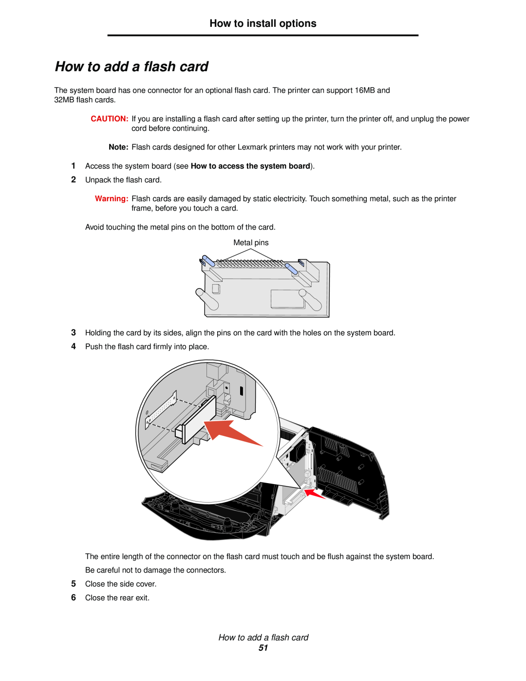 Lexmark 340, 342n manual How to add a flash card, How to install options 