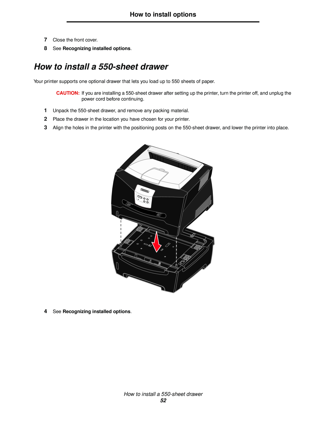 Lexmark 342n, 340 manual How to install a 550-sheet drawer, How to install options 