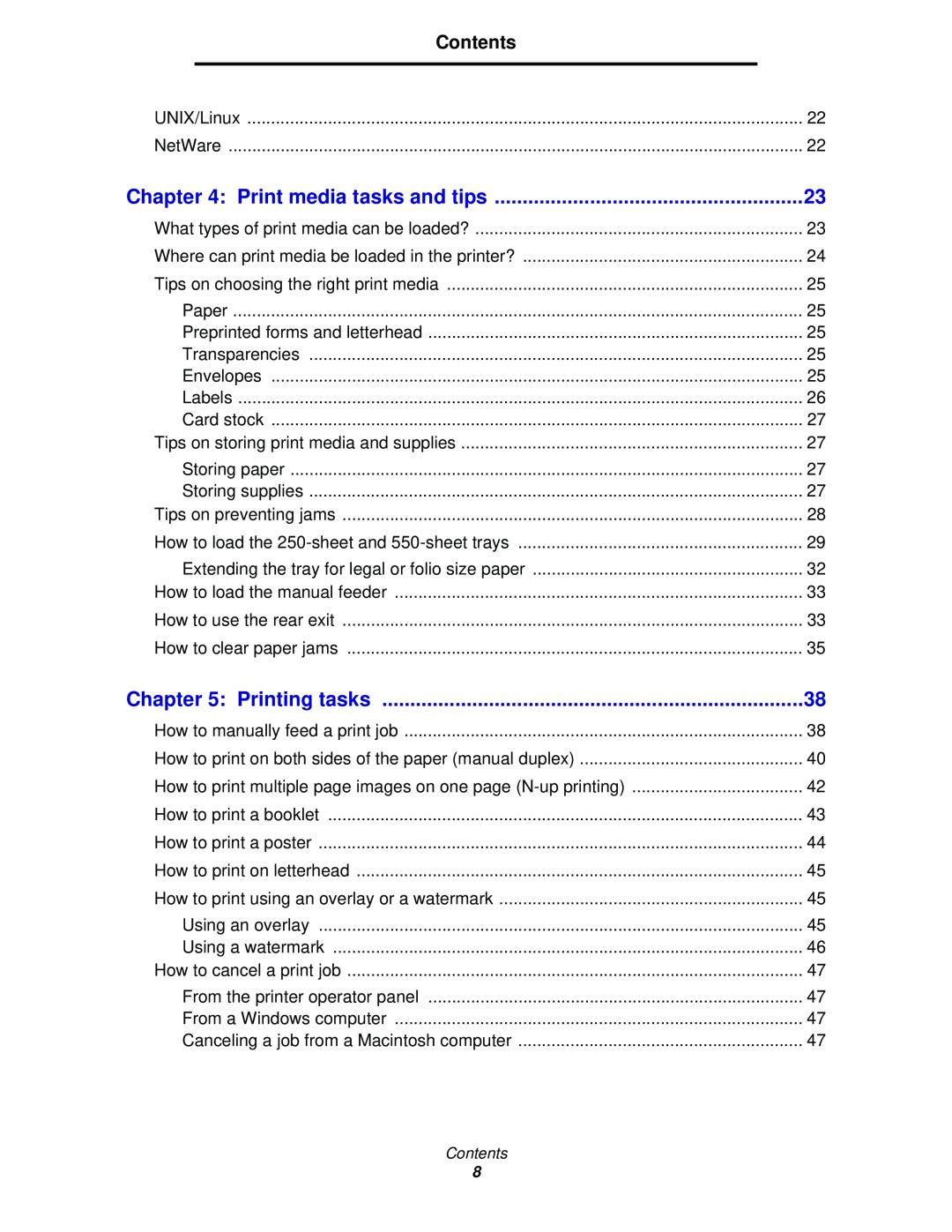 Lexmark 342n, 340 manual Print media tasks and tips, Printing tasks, Contents 