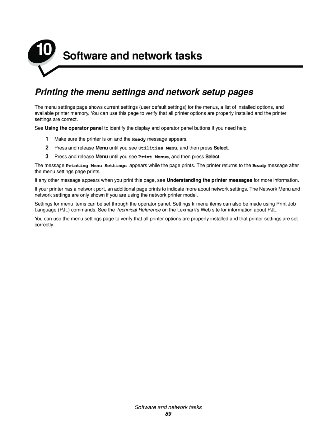 Lexmark 340, 342n manual Software and network tasks, Printing the menu settings and network setup pages 