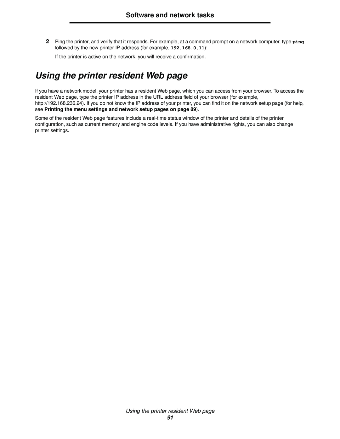 Lexmark 340, 342n manual Using the printer resident Web page, Software and network tasks 