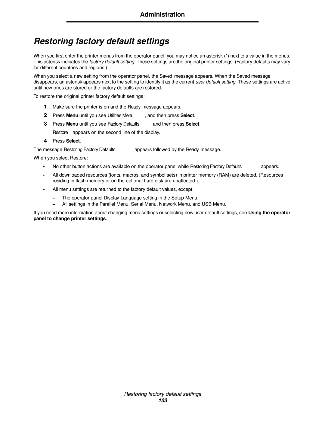 Lexmark 340, 342n manual Restoring factory default settings, Administration, Panel to change printer settings 