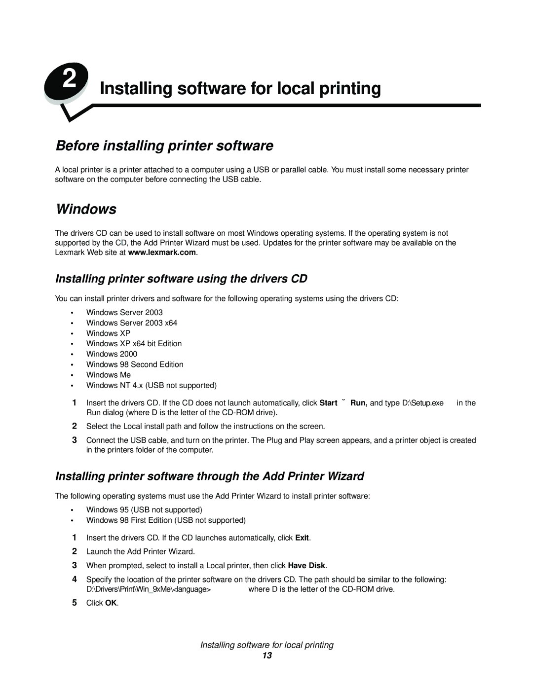 Lexmark 340, 342n manual Before installing printer software, Windows, Installing printer software using the drivers CD 