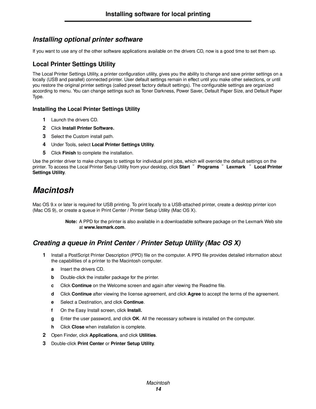 Lexmark 342n, 340 manual Macintosh, Installing optional printer software, Installing software for local printing 