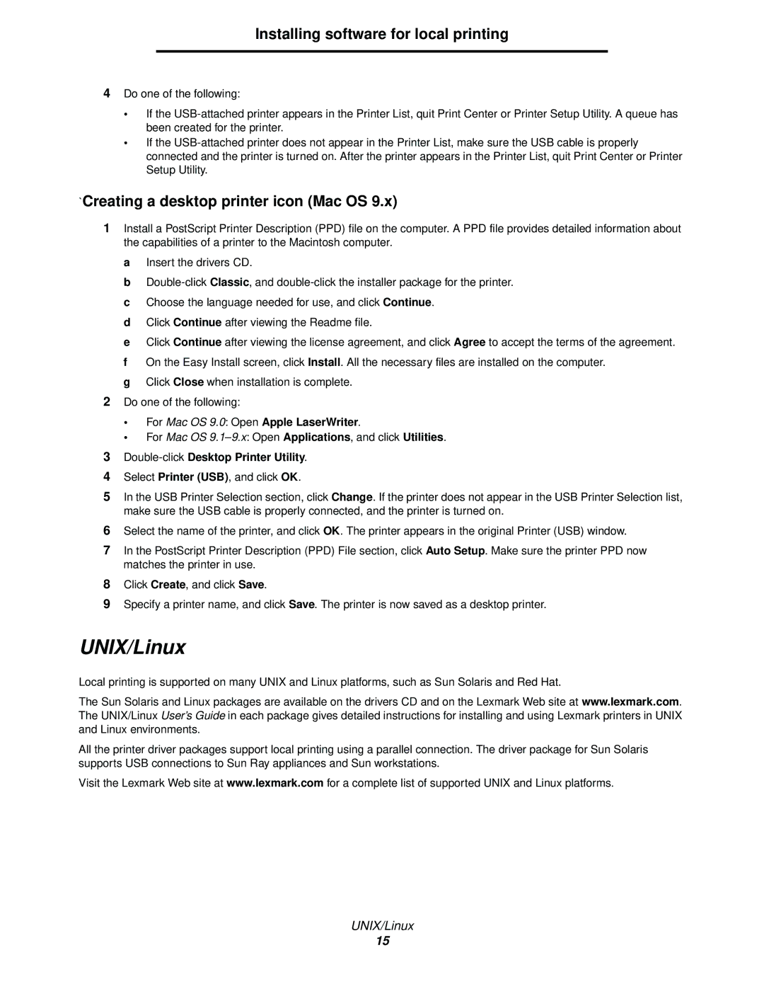 Lexmark 340, 342n manual UNIX/Linux, `Creating a desktop printer icon Mac OS, For Mac OS 9.0 Open Apple LaserWriter 