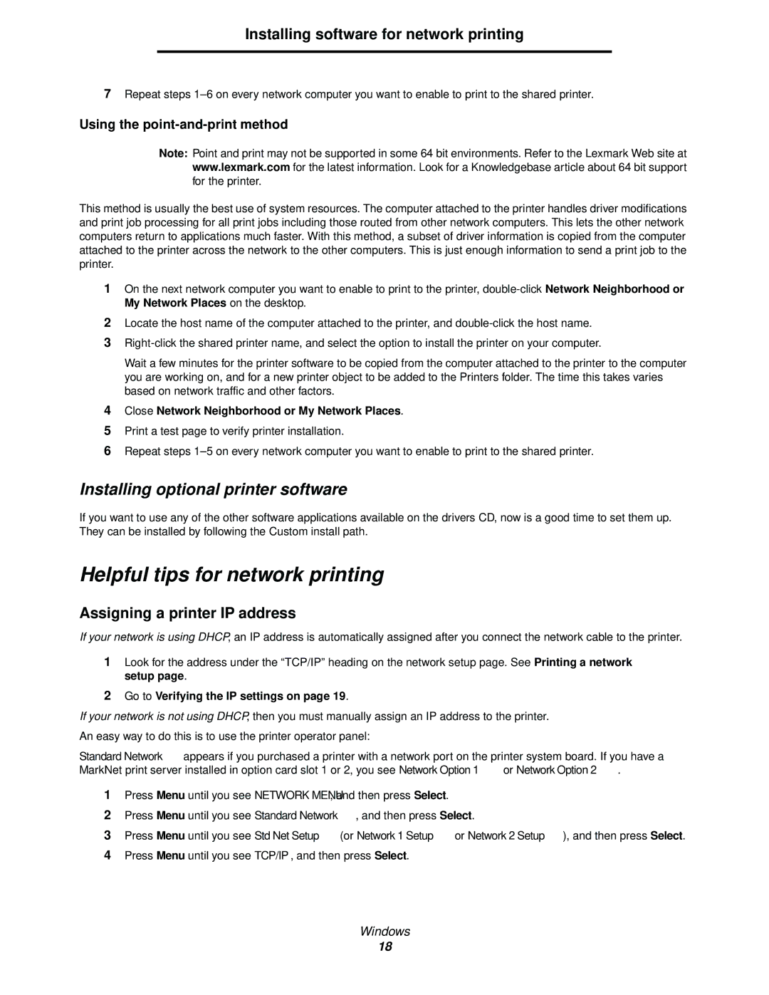 Lexmark 342n, 340 Helpful tips for network printing, Assigning a printer IP address, Go to Verifying the IP settings on 