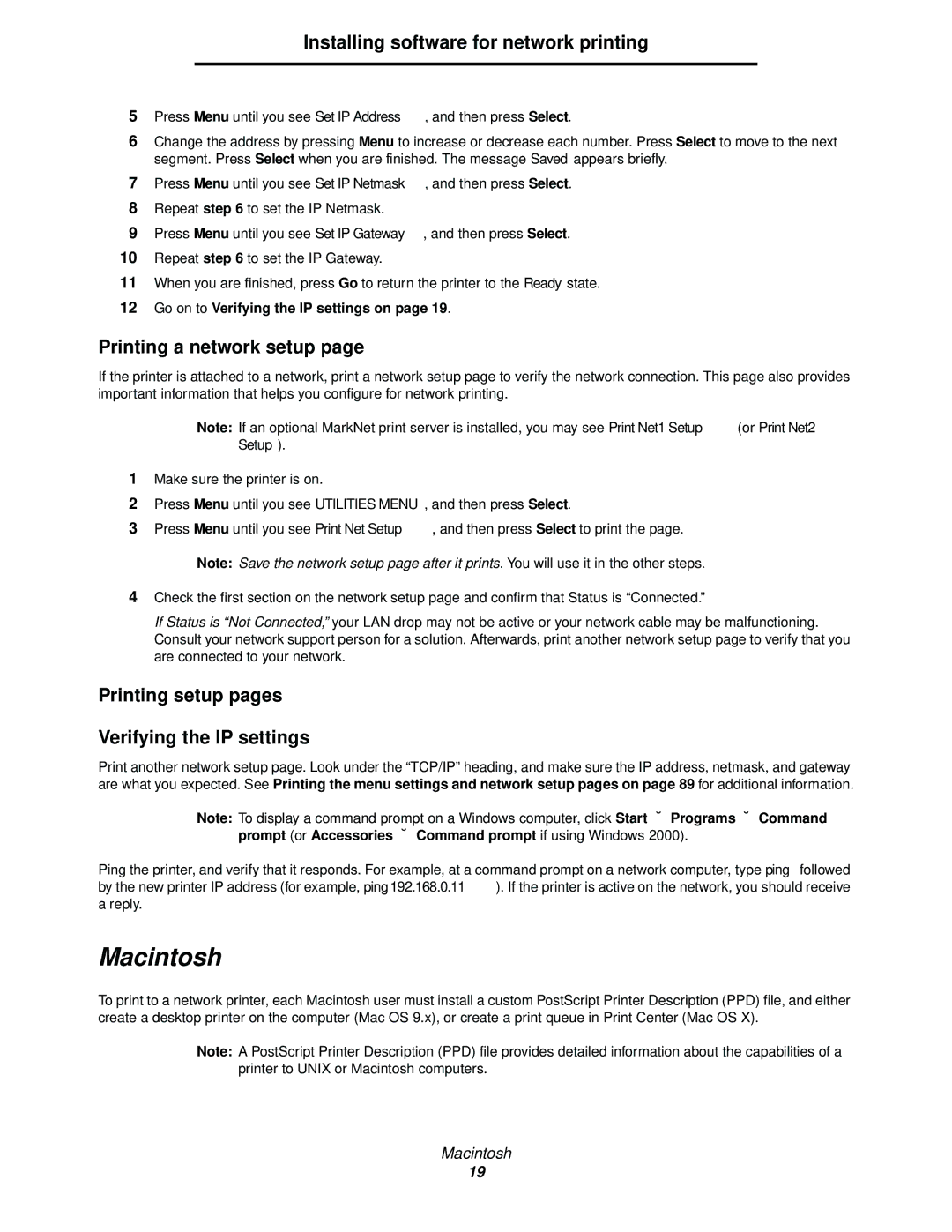 Lexmark 340, 342n manual Printing a network setup, Printing setup pages Verifying the IP settings 