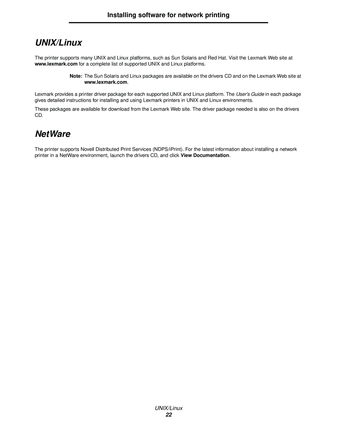 Lexmark 342n, 340 manual UNIX/Linux, NetWare 