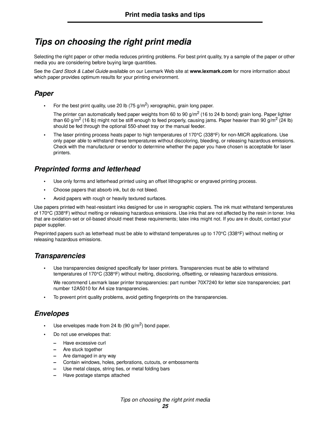 Lexmark 340 Tips on choosing the right print media, Paper, Preprinted forms and letterhead, Transparencies, Envelopes 