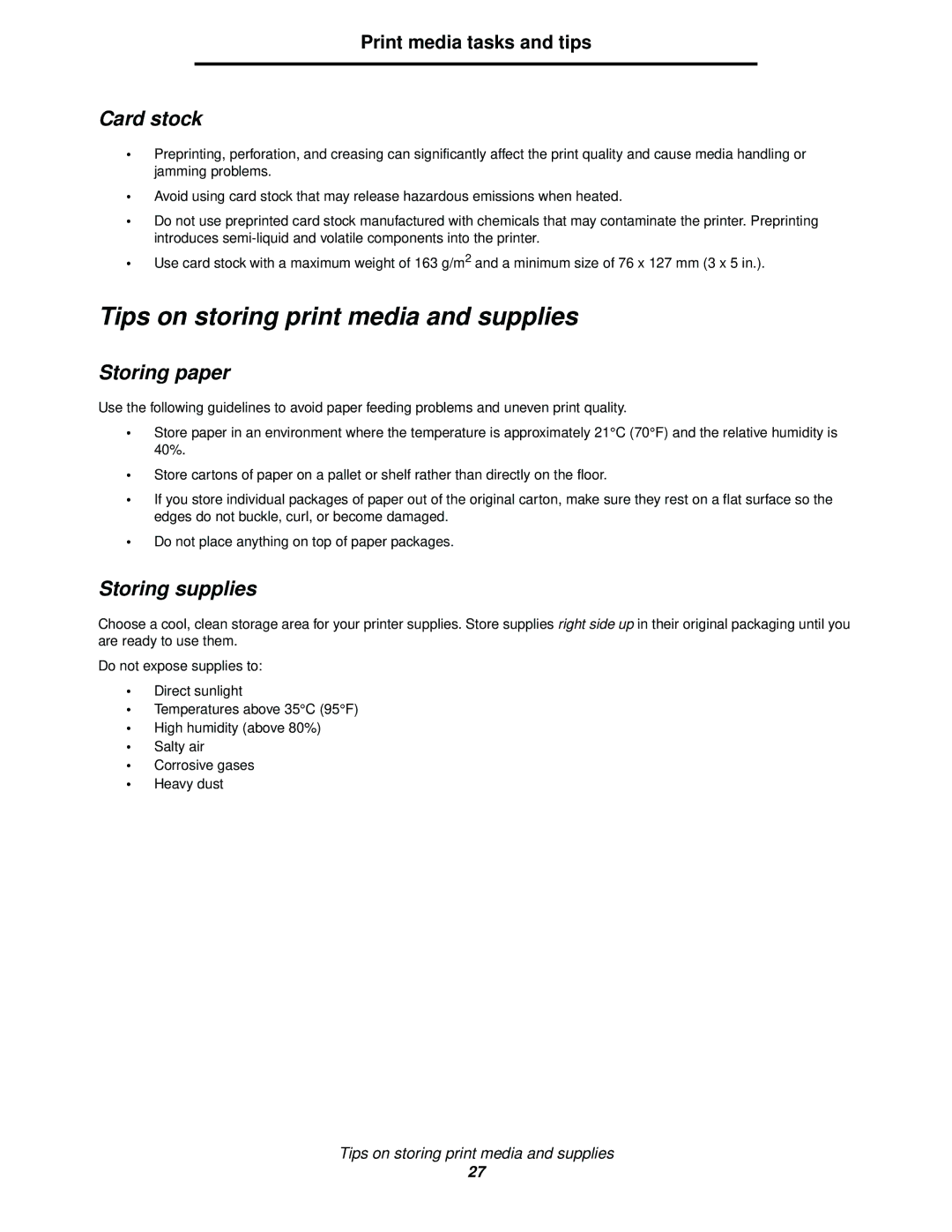 Lexmark 340, 342n manual Tips on storing print media and supplies, Card stock, Storing paper, Storing supplies 